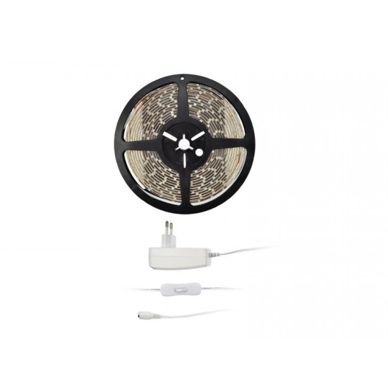LED svetelný pás s tester, 5m, sada s 12V adaptérom, 4,8W/m, IP65, teplá biela LED svetelný pás s tester, 5m, sada s 12V adaptérom, 4,8W/m, IP65, teplá biela
