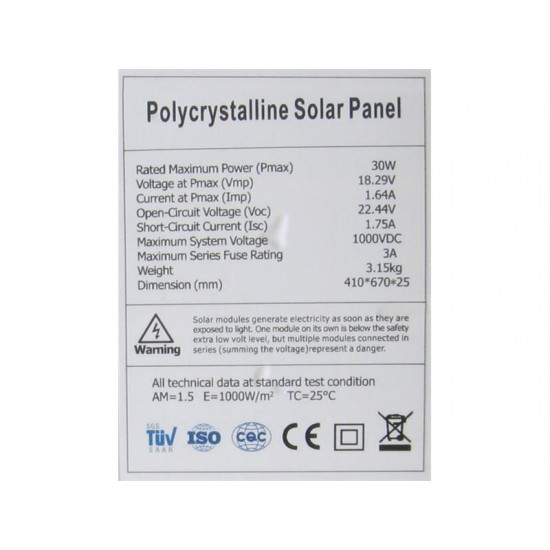 Fotovoltaický solárny panel 12V/30W polykryštalický